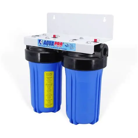 Filtre double Big Blue AquaPro avec deux cuves bleues renforcées, installé en aval du compteur pour une filtration d’eau haute capacité.