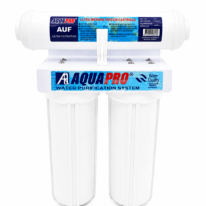 Système de filtration d’eau AQUAPRO blanc avec double cuve verticale et cartouche de microfiltration horizontale AUF, présenté sur fond blanc.