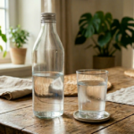 Une bouteille d'eau en verre transparent sans étiquette, munie d'une petite capsule à vis argentée, posée sur une table en bois rustique à côté d'un verre d'eau rempli.