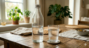Une bouteille d'eau en verre transparent sans étiquette, munie d'une petite capsule à vis argentée, posée sur une table en bois rustique à côté d'un verre d'eau rempli.