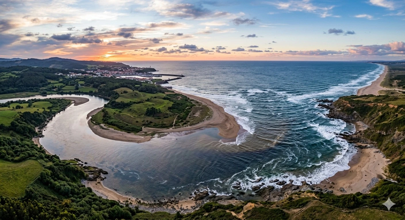 Vue aérienne d'une rivière serpentant à travers des collines verdoyantes pour se jeter dans l'océan Atlantique sur une plage de sable au coucher du soleil.