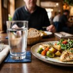 Photographie en gros plan au niveau de la table dans un restaurant rustique, centrée sur un grand verre d'eau rafraîchissant sur un sous-verre bleu. À droite, une assiette bien dressée présente un blanc de poulet grillé sauce crème, des légumes rôtis (choux de Bruxelles, carottes, panais) et une salade verte avec tomates cerises. En arrière-plan flou, on aperçoit une personne attablée s'apprêtant à manger.