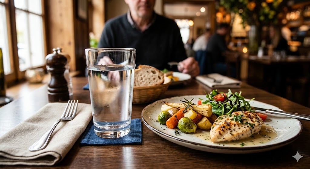 Photographie en gros plan au niveau de la table dans un restaurant rustique, centrée sur un grand verre d'eau rafraîchissant sur un sous-verre bleu. À droite, une assiette bien dressée présente un blanc de poulet grillé sauce crème, des légumes rôtis (choux de Bruxelles, carottes, panais) et une salade verte avec tomates cerises. En arrière-plan flou, on aperçoit une personne attablée s'apprêtant à manger.