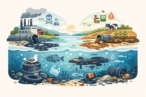 Illustration minimaliste représentant la pollution de l’eau par les activités industrielles et agricoles