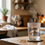 Photographie de style rustique-chic mettant en scène un verre d'eau chaude fumante posé sur un dessous de verre en céramique sur un plan de travail en bois. En arrière-plan, une cuisine chaleureuse avec de la lumière naturelle est visible mais floue (bokeh).