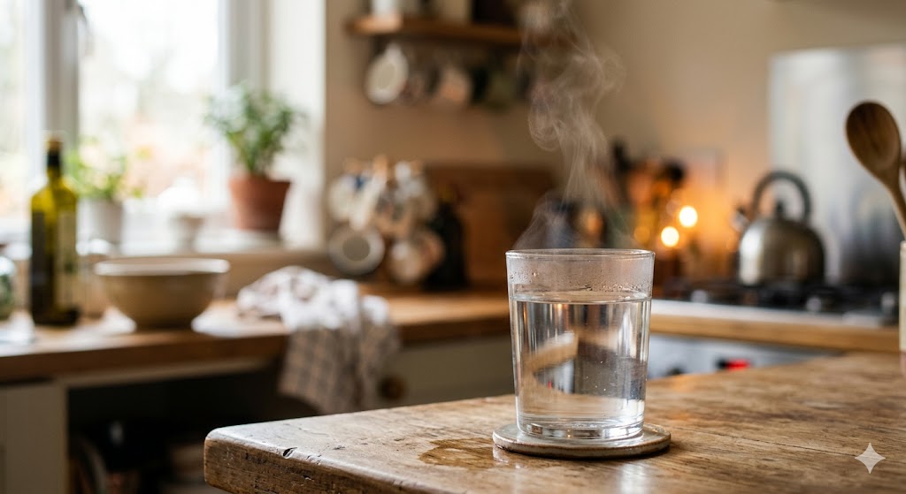 Photographie de style rustique-chic mettant en scène un verre d'eau chaude fumante posé sur un dessous de verre en céramique sur un plan de travail en bois. En arrière-plan, une cuisine chaleureuse avec de la lumière naturelle est visible mais floue (bokeh).