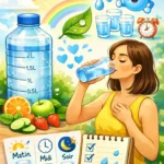 Femme buvant un verre d’eau, fruits frais et bouteille graduée illustrant l’hydratation quotidienne.