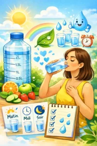 Femme buvant un verre d’eau, fruits frais et bouteille graduée illustrant l’hydratation quotidienne.