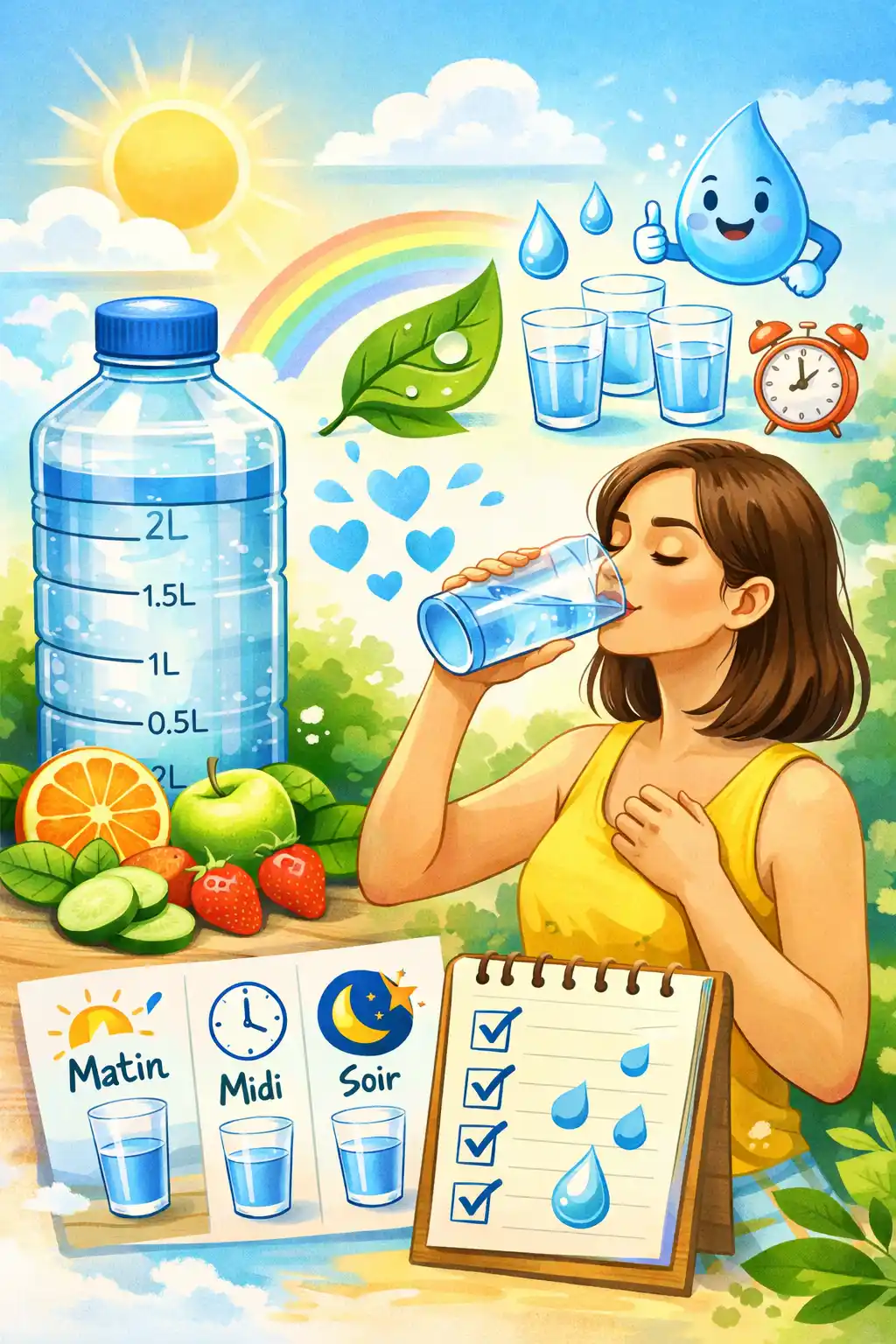 Femme buvant un verre d’eau, fruits frais et bouteille graduée illustrant l’hydratation quotidienne.