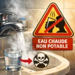 Avertissement sur l’eau chaude non potable – robinet de salle de bain avec pictogramme de danger