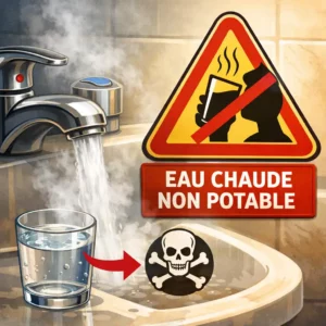 Avertissement sur l’eau chaude non potable – robinet de salle de bain avec pictogramme de danger