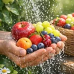 Lavage de fruits frais Rinçage de fruits frais sous l’eau pour éliminer les pesticides