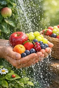 Lavage de fruits frais Rinçage de fruits frais sous l’eau pour éliminer les pesticides