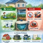 Infographie expliquant les nouvelles règles 2026 sur la récupération d’eau de pluie, avec usages autorisés, interdits et sanctions.