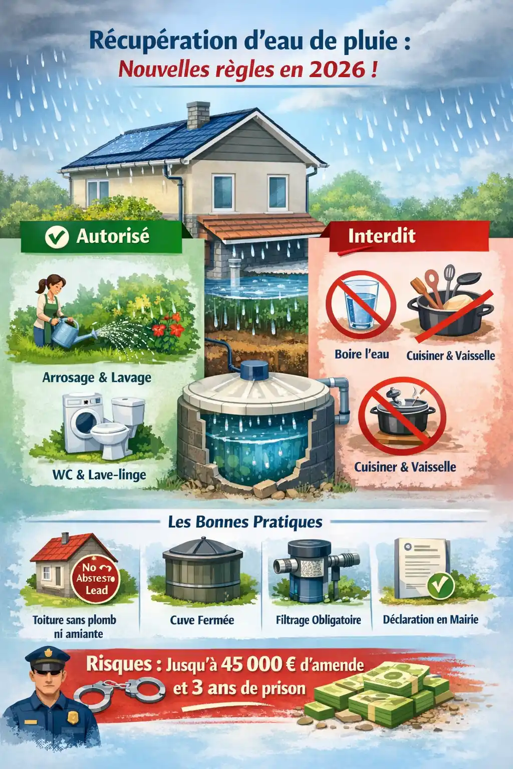 Infographie expliquant les nouvelles règles 2026 sur la récupération d’eau de pluie, avec usages autorisés, interdits et sanctions.