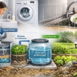 Schéma illustrant le recyclage des eaux grises domestiques avec filtration, réservoir et arrosage du jardin.