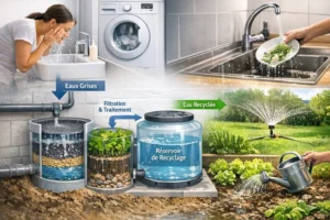 Schéma illustrant le recyclage des eaux grises domestiques avec filtration, réservoir et arrosage du jardin.