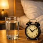 « Verre d’eau posé sur une table de chevet à côté d’un réveil dans une chambre sombre »