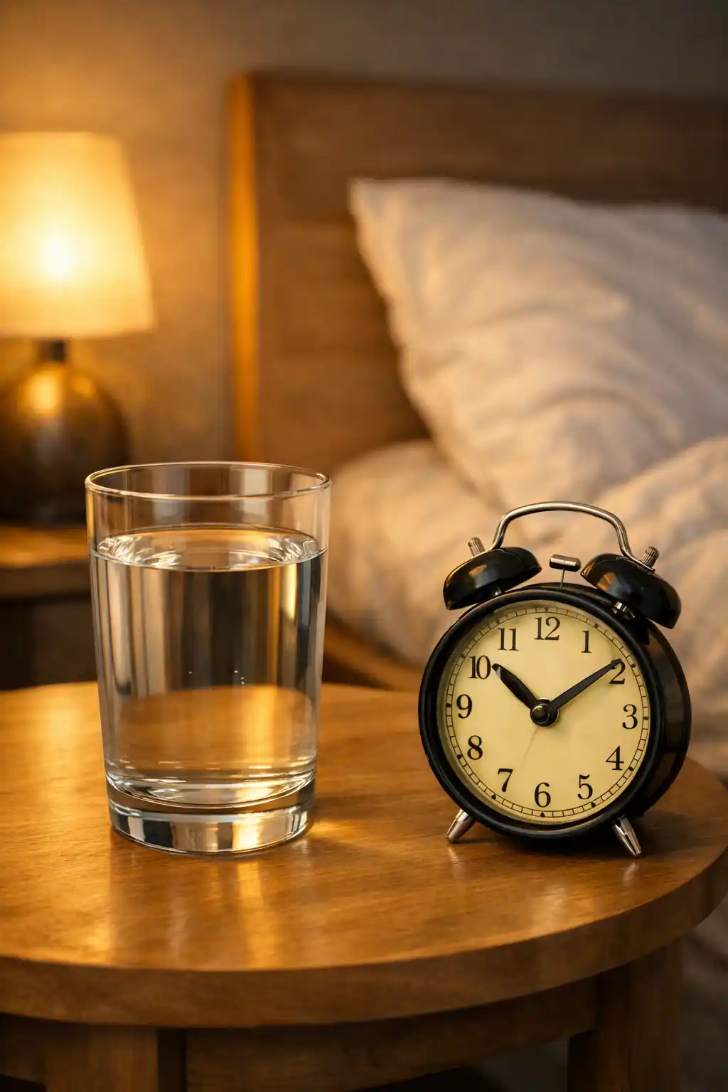 « Verre d’eau posé sur une table de chevet à côté d’un réveil dans une chambre sombre »