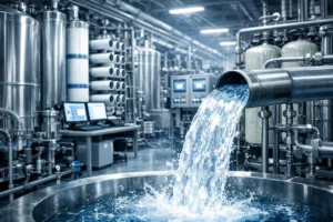 Flux d’eau ultra‑pure sortant d’un système d’osmose inverse dans l’usine de Méry‑sur‑Oise.