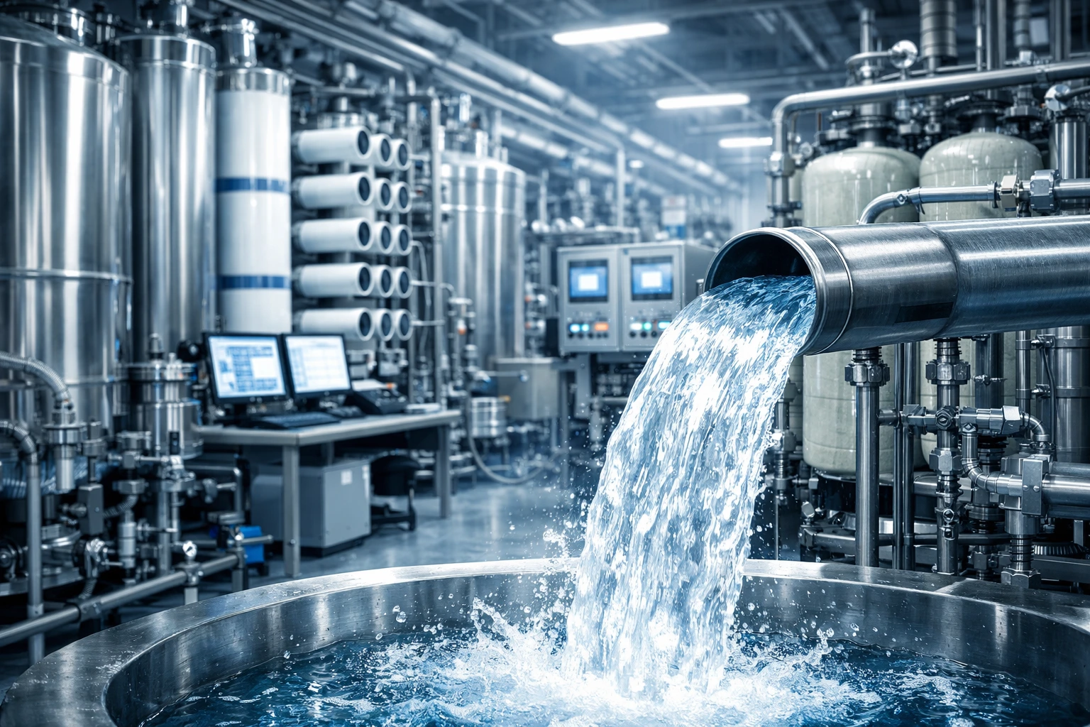 Flux d’eau ultra‑pure sortant d’un système d’osmose inverse dans l’usine de Méry‑sur‑Oise.