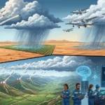 llustration conceptuelle divisée en plusieurs scènes montrant l'ensemencement des nuages. En haut, des lance-roquettes militaires et des avions légers tirent des projectiles et dispersent des sels dans les nuages au-dessus du désert et de la ville de Dubaï pour déclencher la pluie. En bas, des stations météo automatisées tirent des roquettes depuis des montagnes verdoyantes en Chine, tandis qu'une salle de contrôle optimisée par une intelligence artificielle supervise les opérations sur une carte géante