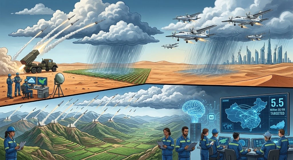 llustration conceptuelle divisée en plusieurs scènes montrant l'ensemencement des nuages. En haut, des lance-roquettes militaires et des avions légers tirent des projectiles et dispersent des sels dans les nuages au-dessus du désert et de la ville de Dubaï pour déclencher la pluie. En bas, des stations météo automatisées tirent des roquettes depuis des montagnes verdoyantes en Chine, tandis qu'une salle de contrôle optimisée par une intelligence artificielle supervise les opérations sur une carte géante