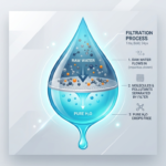 Infographie sous forme de goutte d'eau illustrant le processus de filtration et de séparation des molécules de polluants pour obtenir une eau pure.
