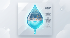 Infographie sous forme de goutte d'eau illustrant le processus de filtration et de séparation des molécules de polluants pour obtenir une eau pure.