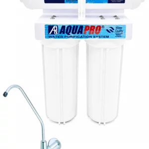 Une photographie de produit nette et isolée sur fond blanc montrant un système de purification d'eau compact de marque AQUAPRO. L'appareil est composé d'une cartouche de filtration cylindrique horizontale sur le dessus, portant des étiquettes AUF et Ultra-filtration, et d'un boîtier de filtre vertical blanc en dessous équipé de deux cuves.
