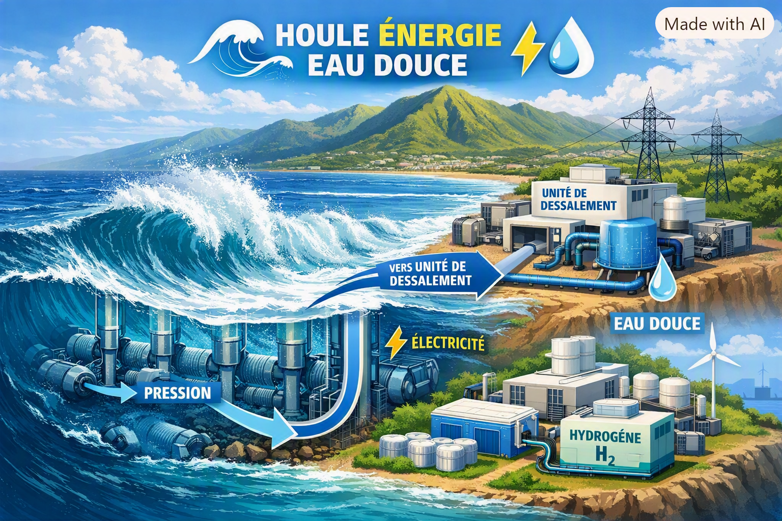 Système innovant utilisant la houle pour produire de l’eau douce et de l’électricité à La Réunion.