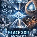 Expérience scientifique montrant la formation de la glace XXII sous haute pression entre deux pointes de diamant, avec un fond cosmique évoquant les planètes géantes.