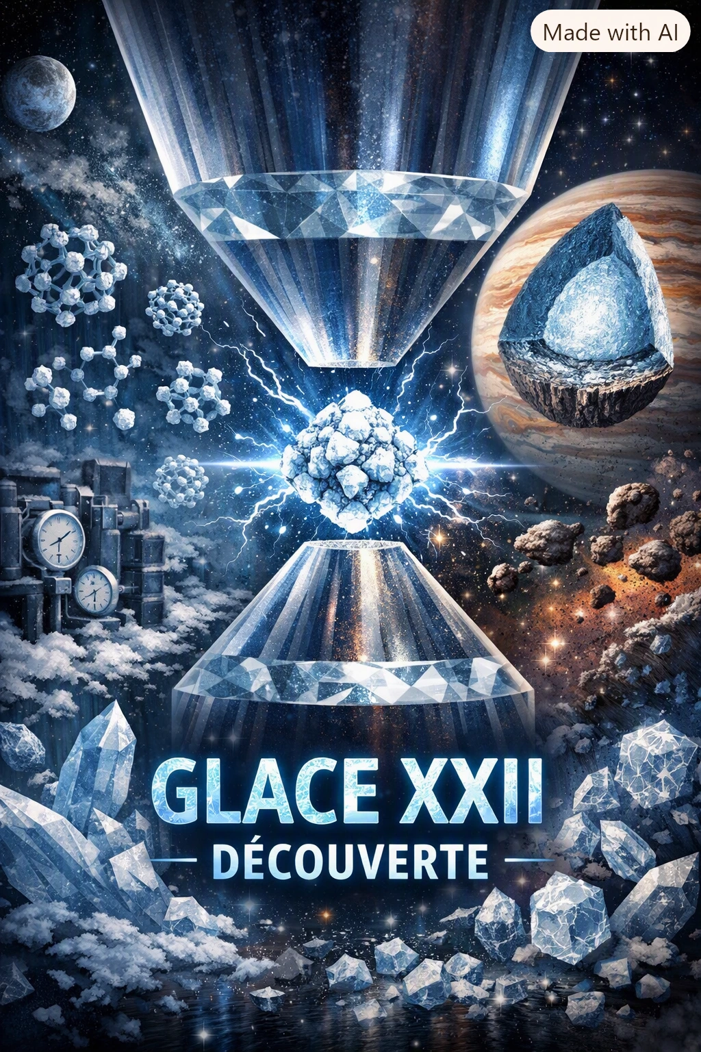 Expérience scientifique montrant la formation de la glace XXII sous haute pression entre deux pointes de diamant, avec un fond cosmique évoquant les planètes géantes.