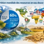 Carte mondiale illustrant la répartition des ressources en eau douce, avec neuf pays concentrant 60 % du total