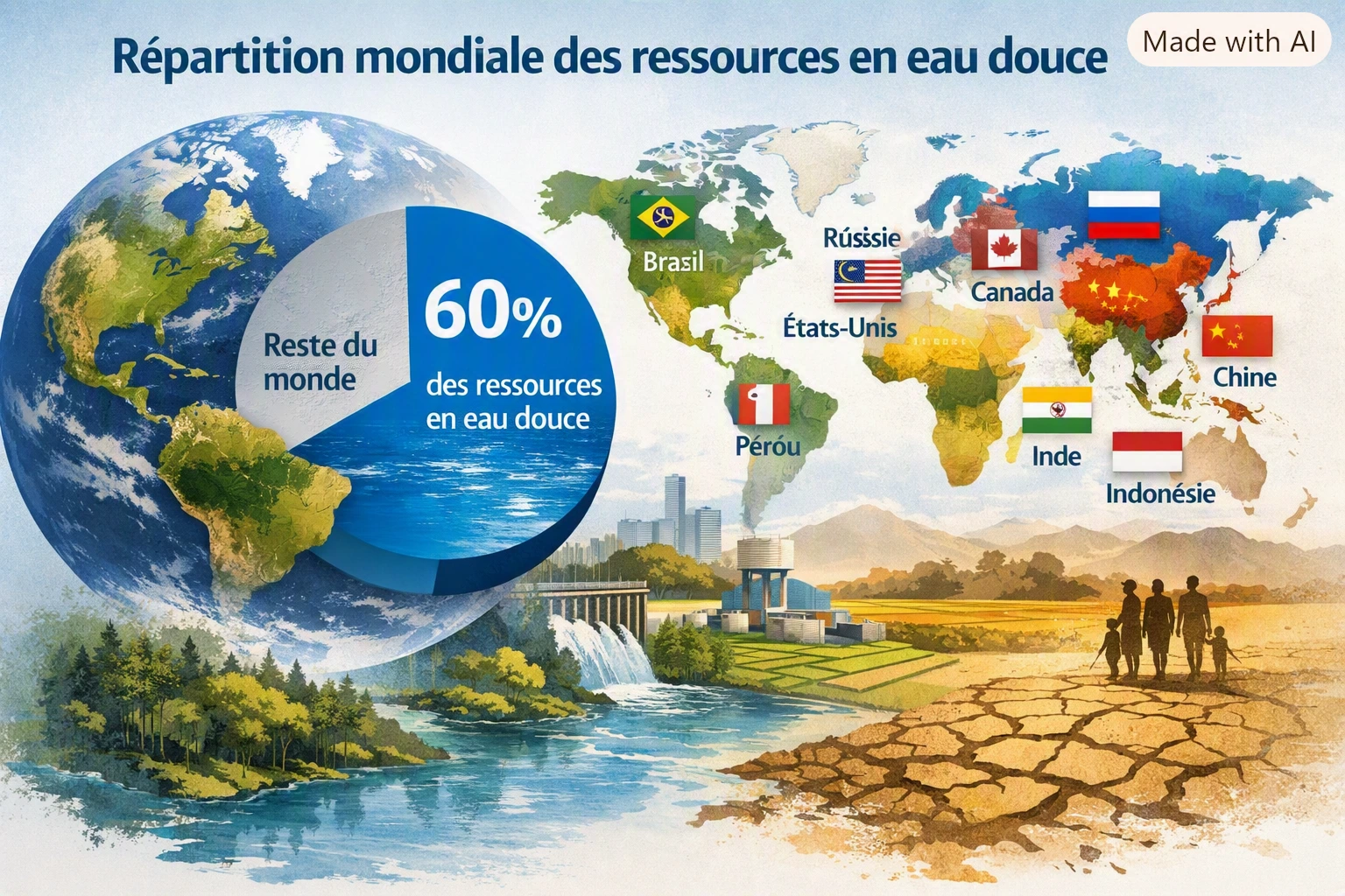 Carte mondiale illustrant la répartition des ressources en eau douce, avec neuf pays concentrant 60 % du total